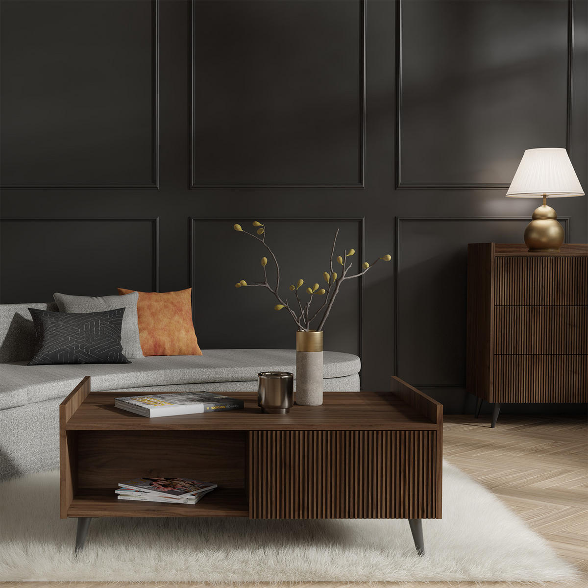 NACHTTISCH Amfali mit 1 Tür, geriffelte Fronten, Push-to-open, Metallbeine, 52 cm, Walnussfarben - Walnussfarben/Schwarz, Holzwerkstoff/Metall (52/45/41cm) - Beautysofa