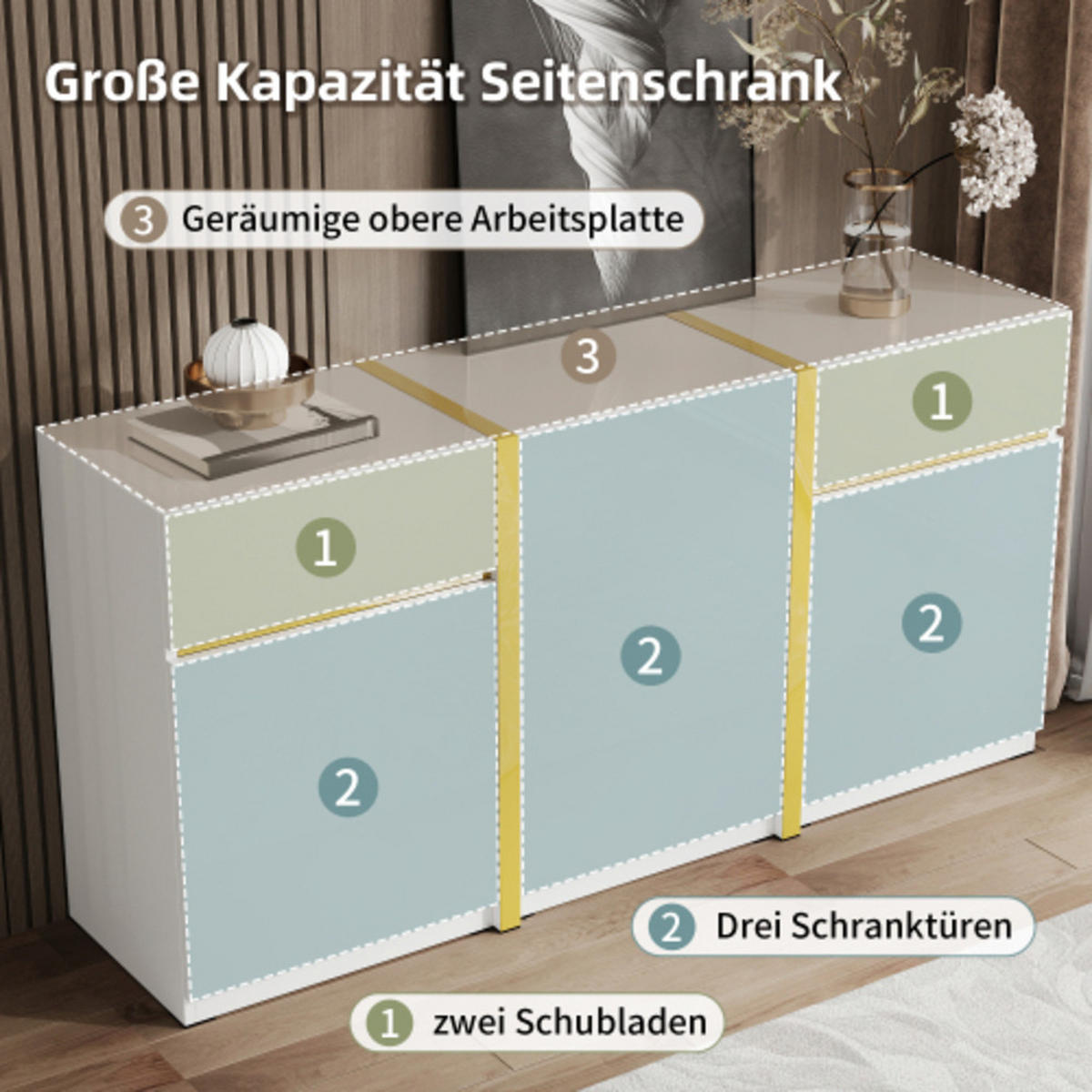 SIDEBOARD mit Goldverzierungen weiß Hochglanz 160×40×78 cm aus Spanplatte und MDF - Weiß, Holzwerkstoff (160/78/40cm) - Luhomfu