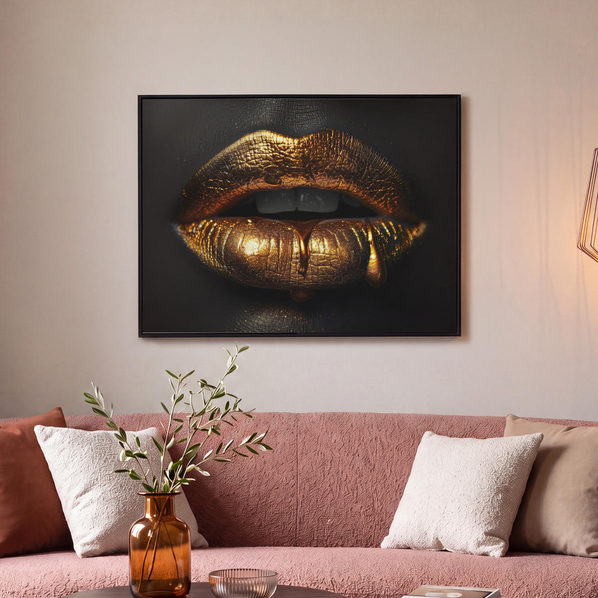 LEINWAND Bilder mit Rahmen - Frau - Porträt - Lippen - Gold - Schwarz - 80x60 - Schwarz, Textil (80/60cm) - MuchoWow