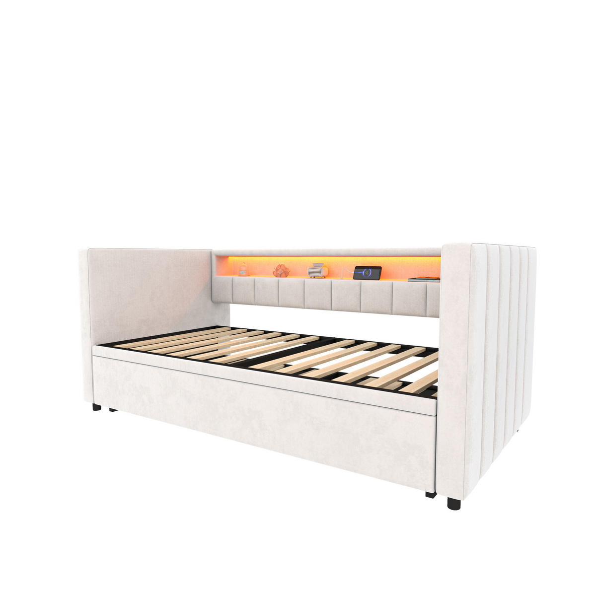 RAZTEGLJIVA postelja iz žameta 90x190 cm bež z LED osvetlitvijo, USB-Type-C in predalom - bež, tekstil (90/190cm) - Modfu
