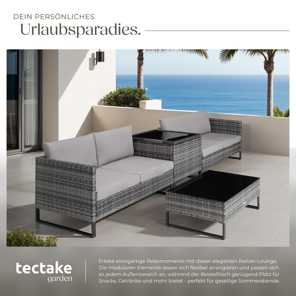 RATTANLOUNGE Ostuni,mit Sicherheitsglasplatte,grau - Grau, Kunststoff - tectake