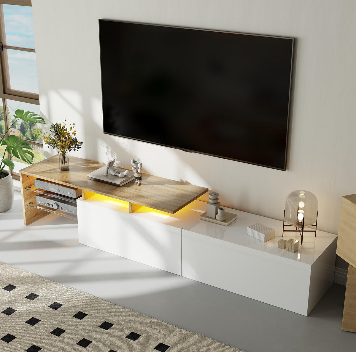 TV-LOWBOARD 170/33/33,5 cm in Weiß/Natur mit LED-Beleuchtung und Glasböden - Weiß, Holzwerkstoff (170/33.5/33cm) - Flora Grace