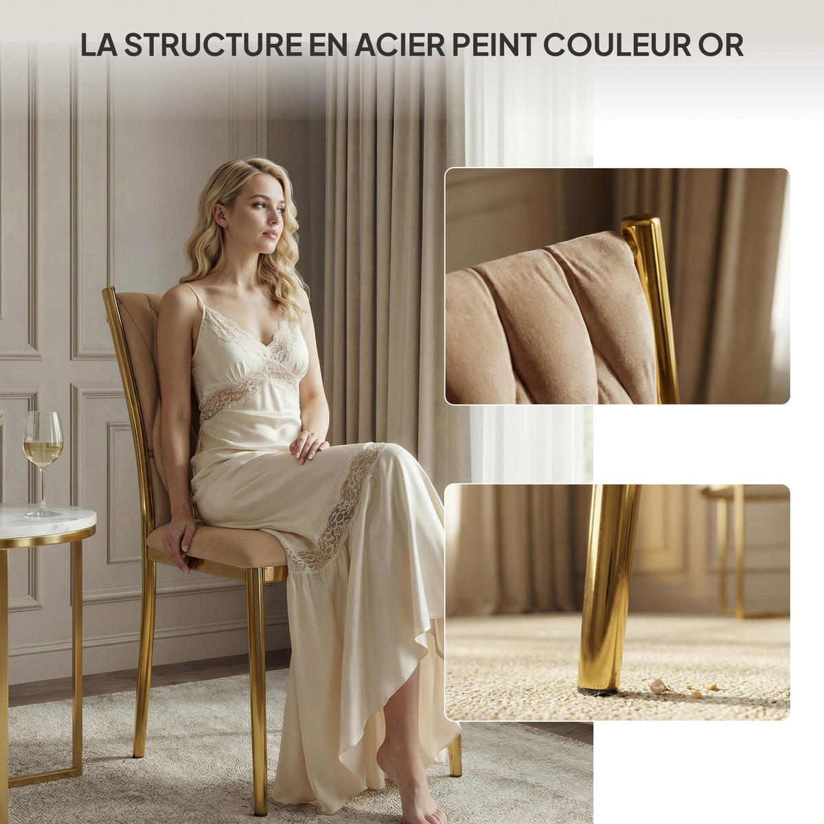 STUHL PRIMO mit geflochtener Rückenlehne, Samt Beige - Beige/Goldfarben, Textil/Metall (48/94/43cm) - Idohome