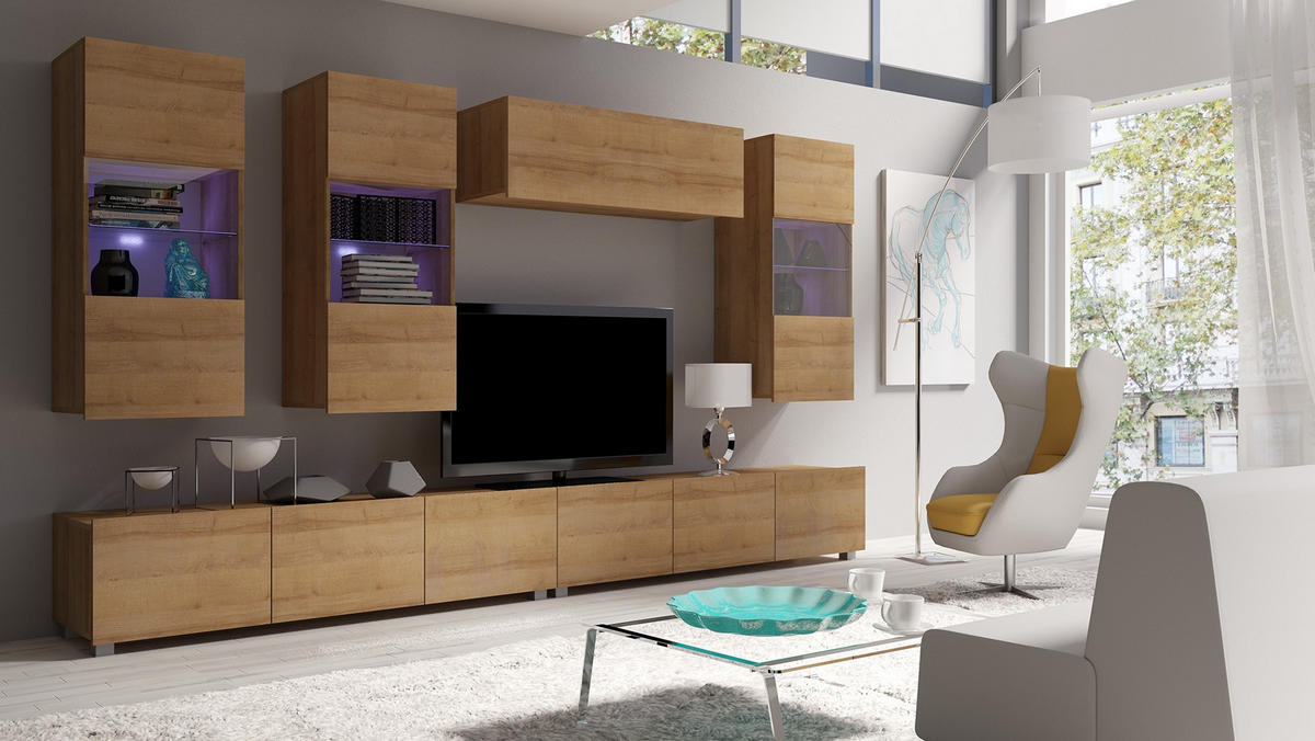 RTV-SCHRANK Bird Goldene Eiche, dreitüriger TV-tisch - Eichefarben/Silberfarben, Holzwerkstoff (150/37/43cm) - Bettso