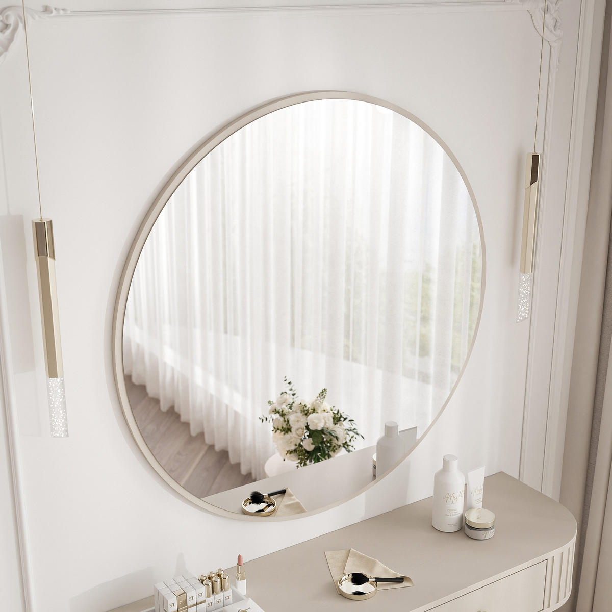 SCHMINKTISCH OVALINE mit Spiegel, 123 cm Beige - Beige/Goldfarben, Holzwerkstoff/Metall (123/17.5/36cm) - Idohome