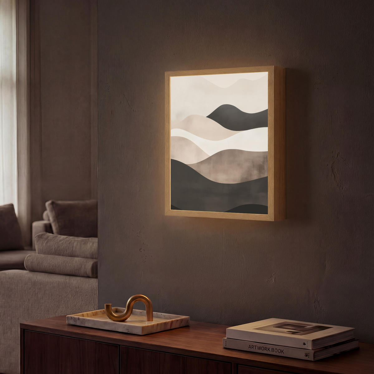NÁSTĚNNÁ LAMPA S AKUMULÁTOREM Abstraktní - Krajina - Vlny - Krémová barva 30x40 cm - šedohnědá, kompozitní dřevo (30/40/8cm) - OnlyWow