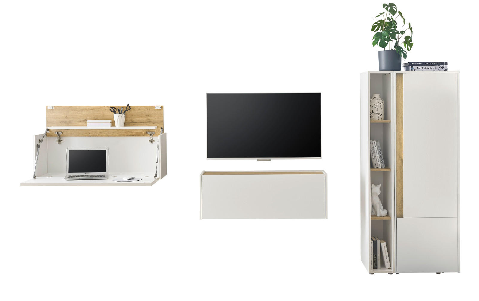 WOHNWAND weiß, Eiche Wotan 4-teilig 310 cm, Komplettset mit Sekretär - Eiche Wotan/Schwarz, Holz/Holzwerkstoff (310/158/40cm) - Furn.Design