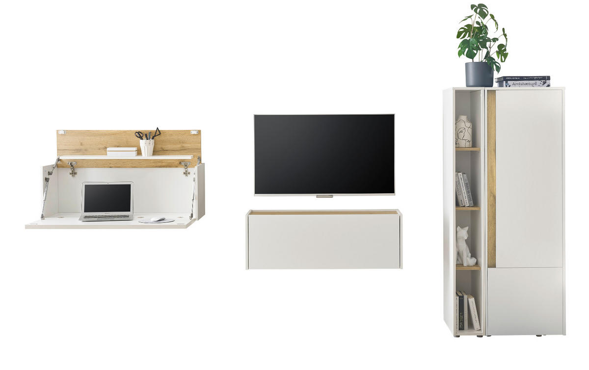 WOHNWAND weiß, Eiche Wotan 4-teilig 310 cm, Komplettset mit Sekretär - Eiche Wotan/Schwarz, Holz/Holzwerkstoff (310/158/40cm) - Furn.Design