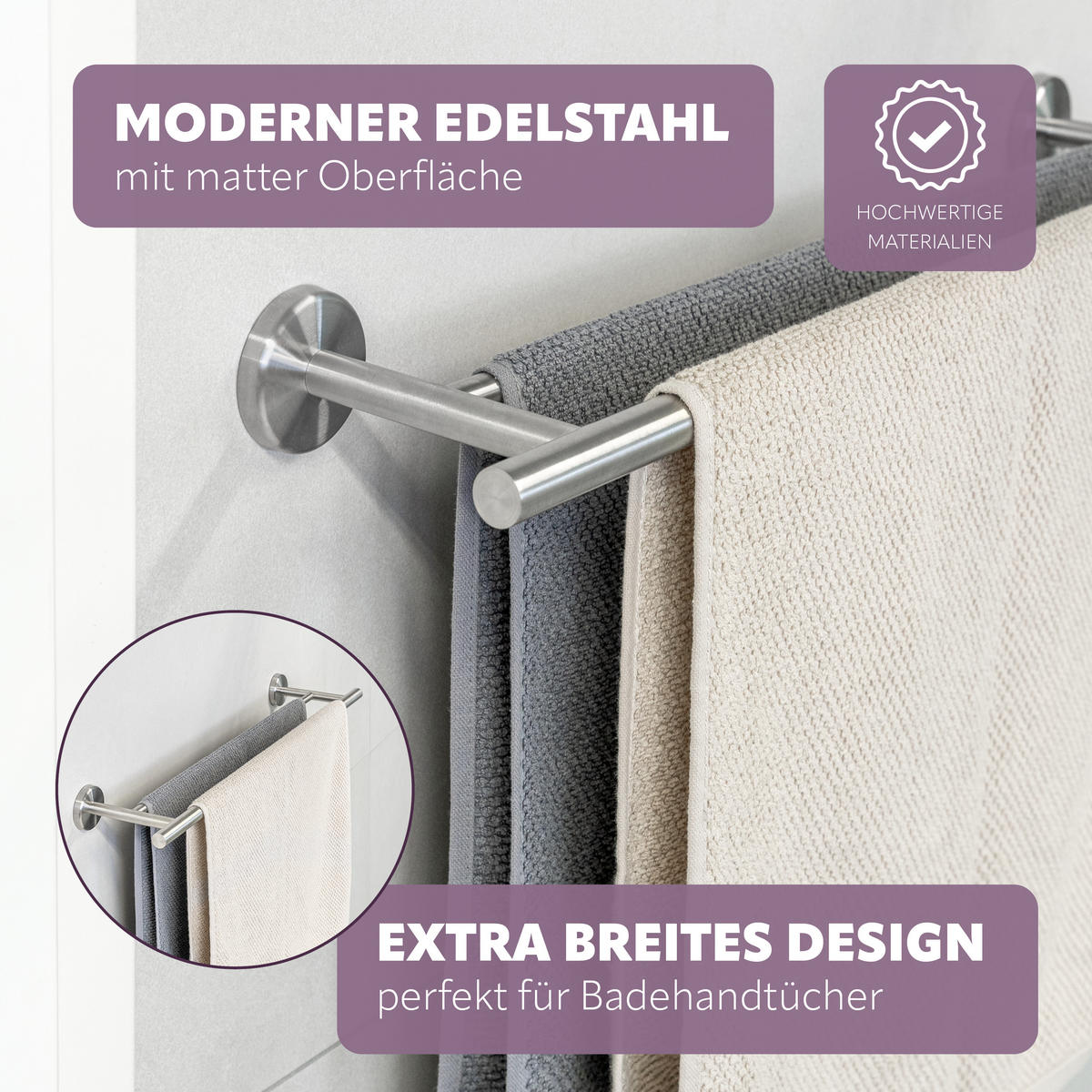 BADETUCHSTANGE PIAZZA Edelstahl, inkl. Klebeset - Edelstahlfarben, Metall (70/6/14cm) - bremermann