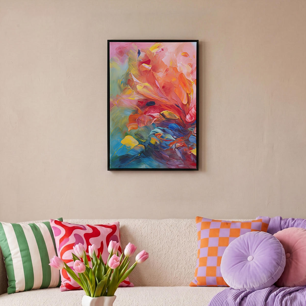 LEINWAND Bilder mit Rahmen - Ölgemälde - Kunst - Abstrakt - Farbenfroh - 40x60 - Altrosa, Textil (40/60cm) - MuchoWow