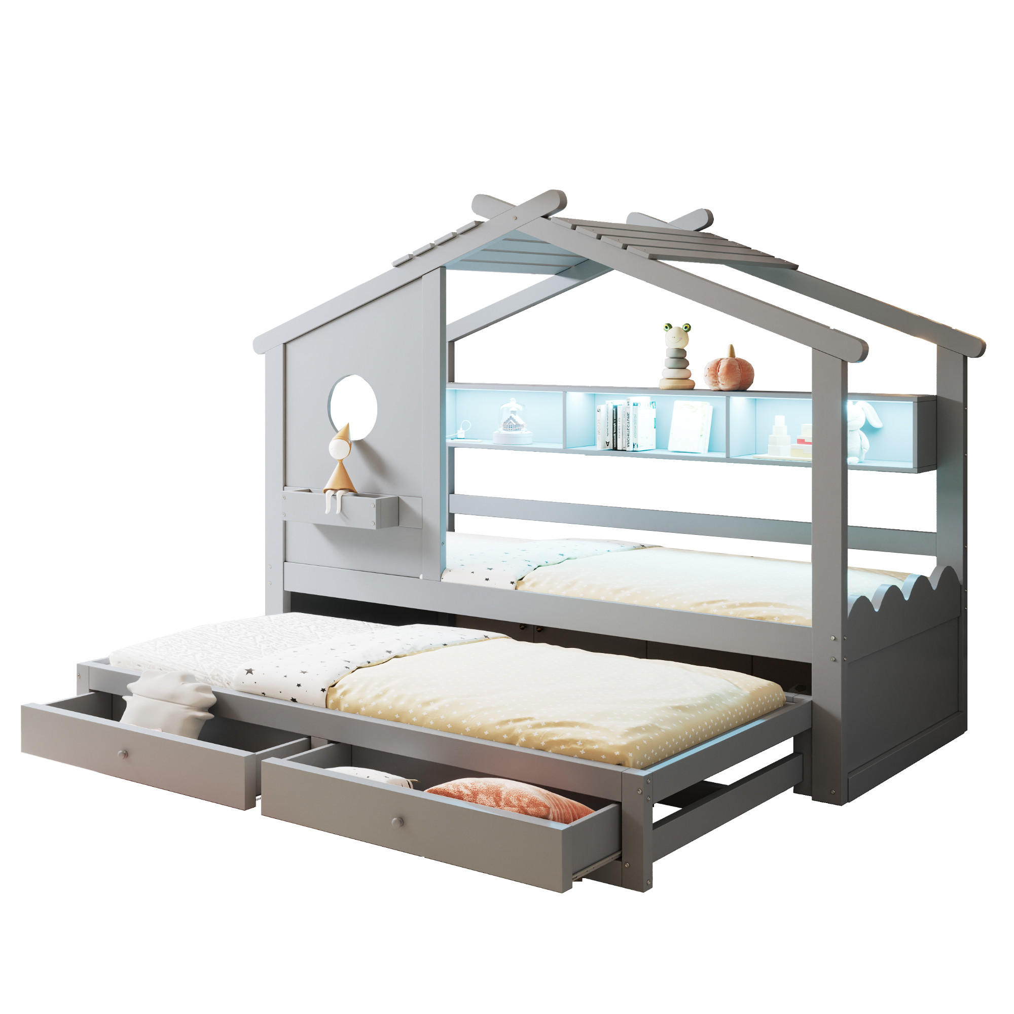 KINDERBETT 90x200 cm Rollbett LED grau - Grau, Holz (90/200cm) - LEBENLANG
