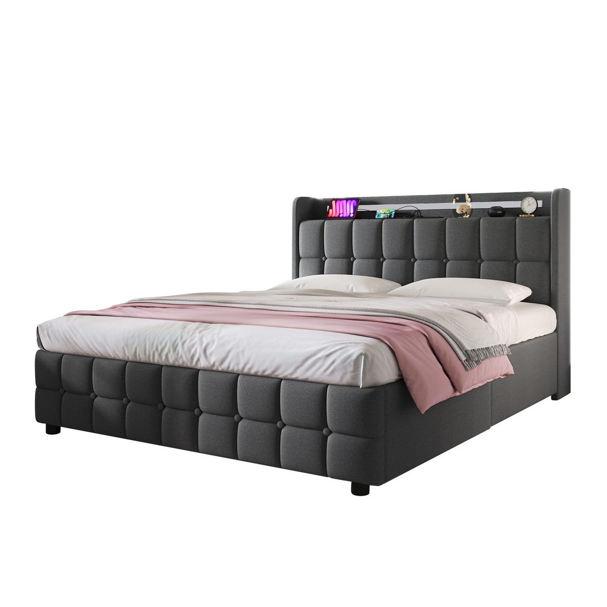 POLSTERBETT 140×200 cm aus Leinen-Stoff mit LED-Beleuchtung und USB-Steckdose, grau - Grau, Holzwerkstoff (140/200cm) - Luhomfu