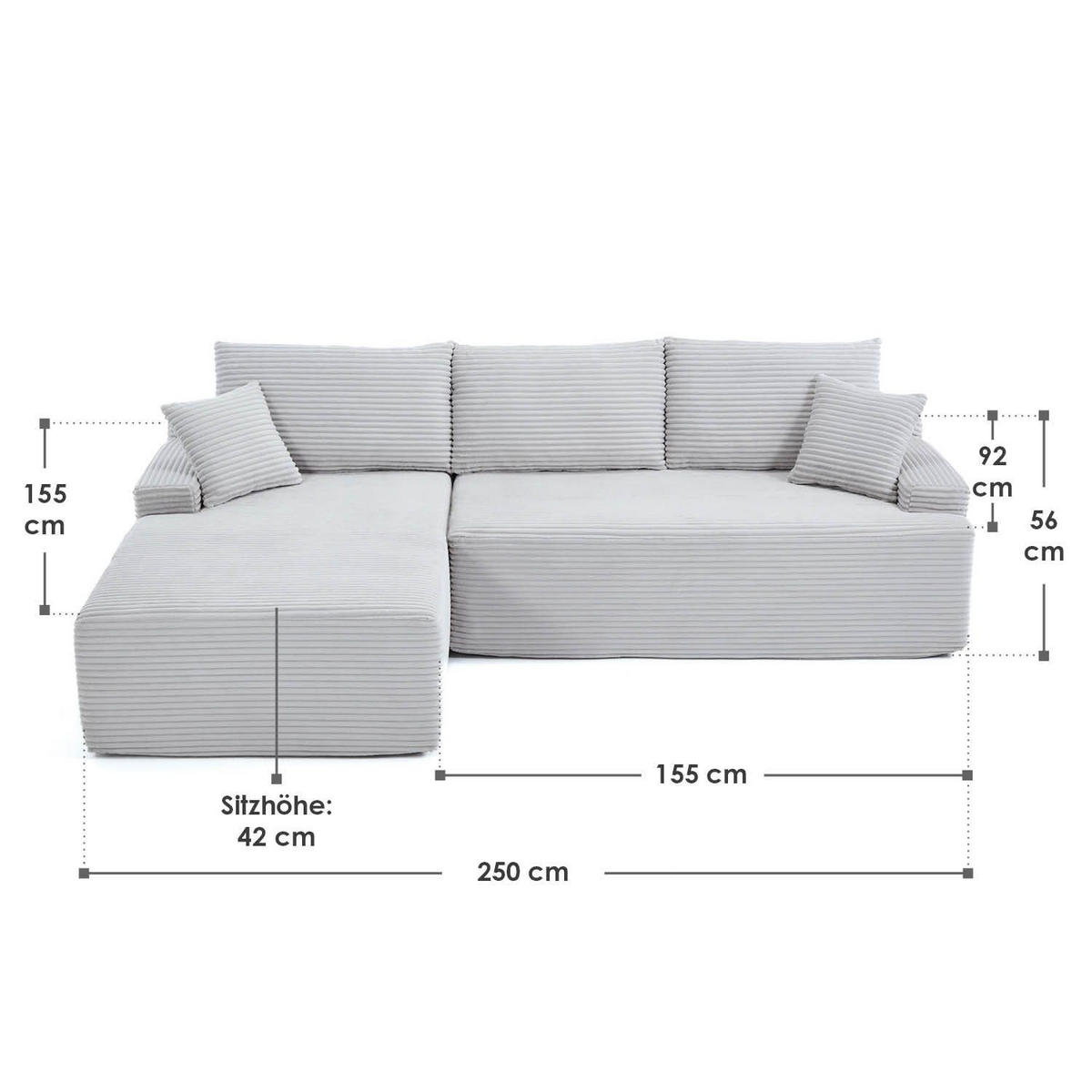 SOFA Coredo hellgrau Cord - Hellgrau, Textil (155/250cm) - Juskys