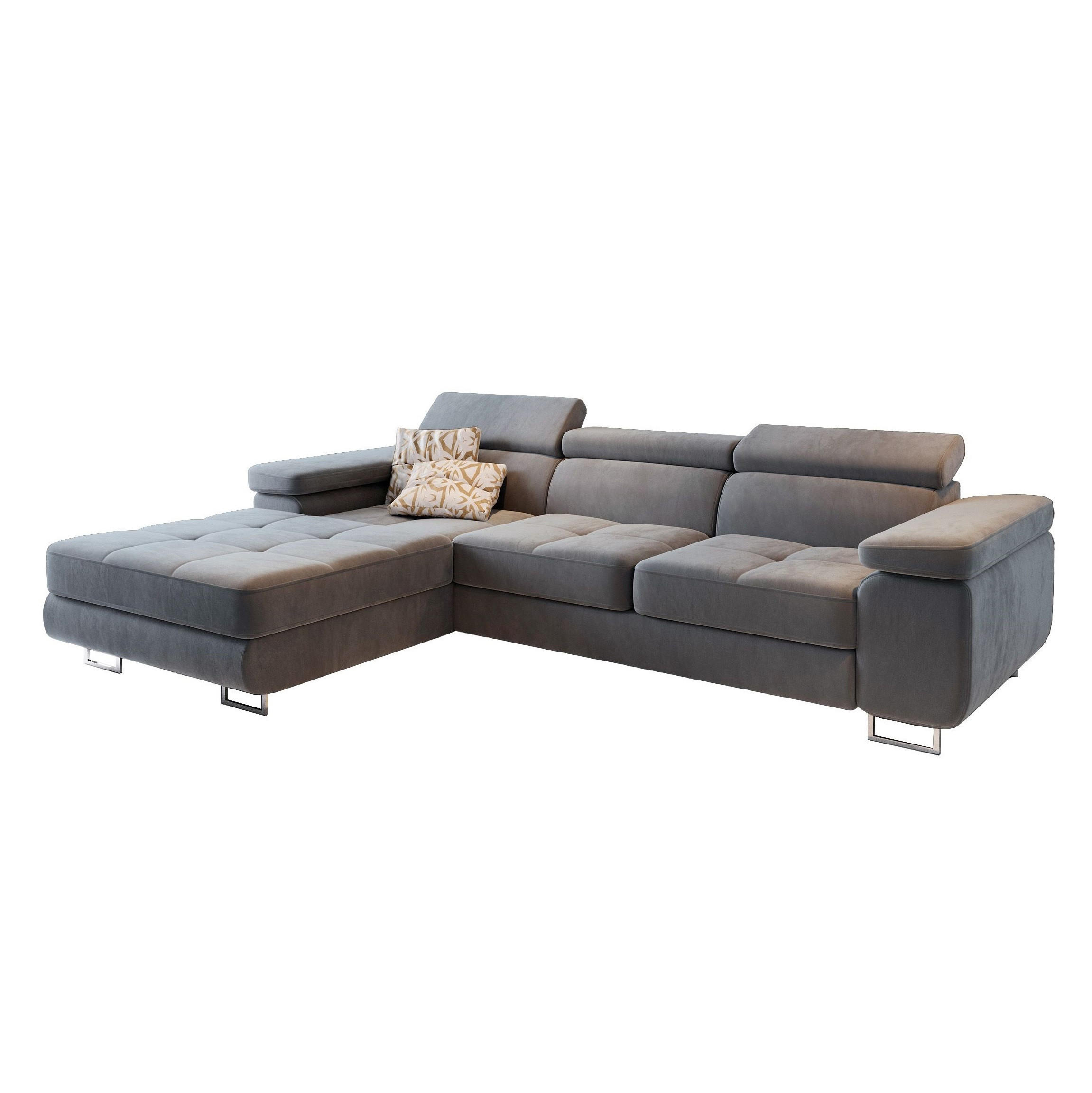 ECKSOFA ELMA L-S Hellgrau Velours-Stoff mit Schlaffunktion - Hellgrau, Holz (280/205cm) - MASSENO