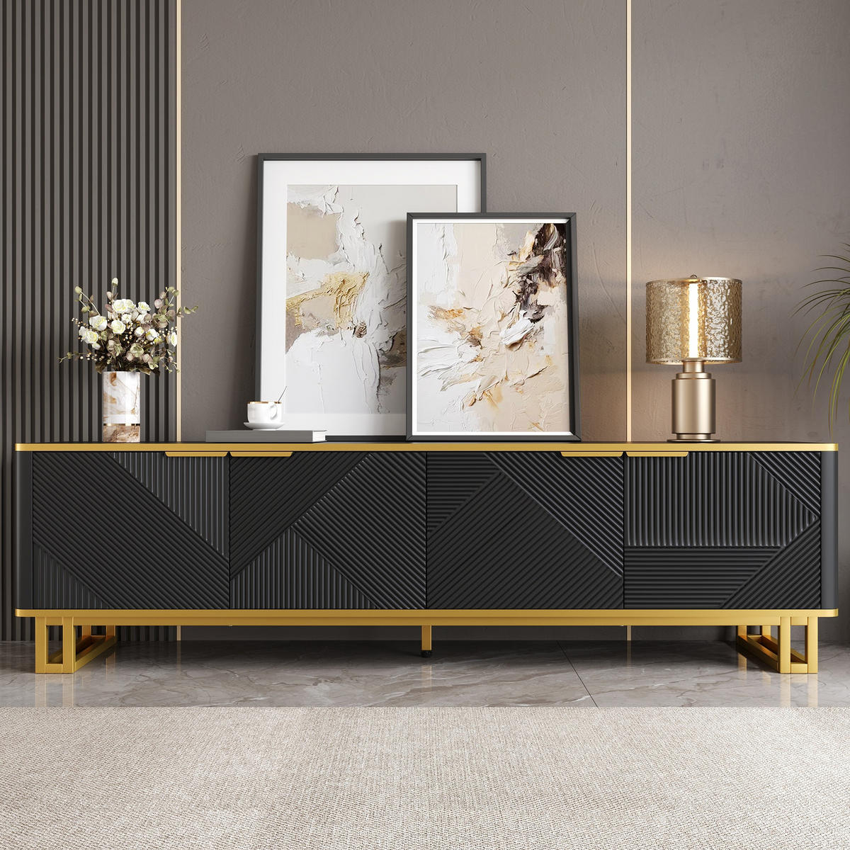 TV-ELEMENT160X37,5X48CM SchwarzGold Lowboard mit 4 Türen und Kabelmanagement - Schwarz, Holz (45.09/14.61/175.26cm) - Raelunyi