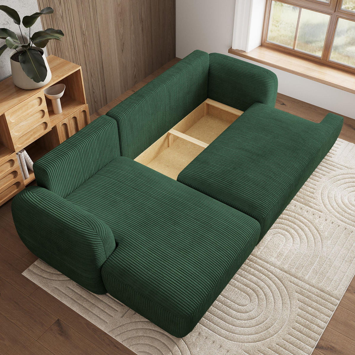ECKSOFA MODENZA P L-S Grün Kordstoff mit Schlaffunktion - Grün, Holz (266/148cm) - MASSENO