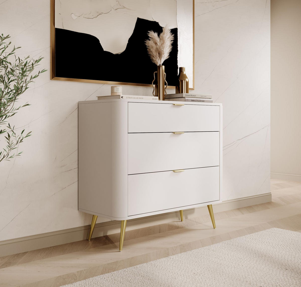 KOMMODE Oval Weiß 92 cm - Goldfarben/Weiß, Holzwerkstoff/Metall (92.4/83.6/38cm) - Selsey