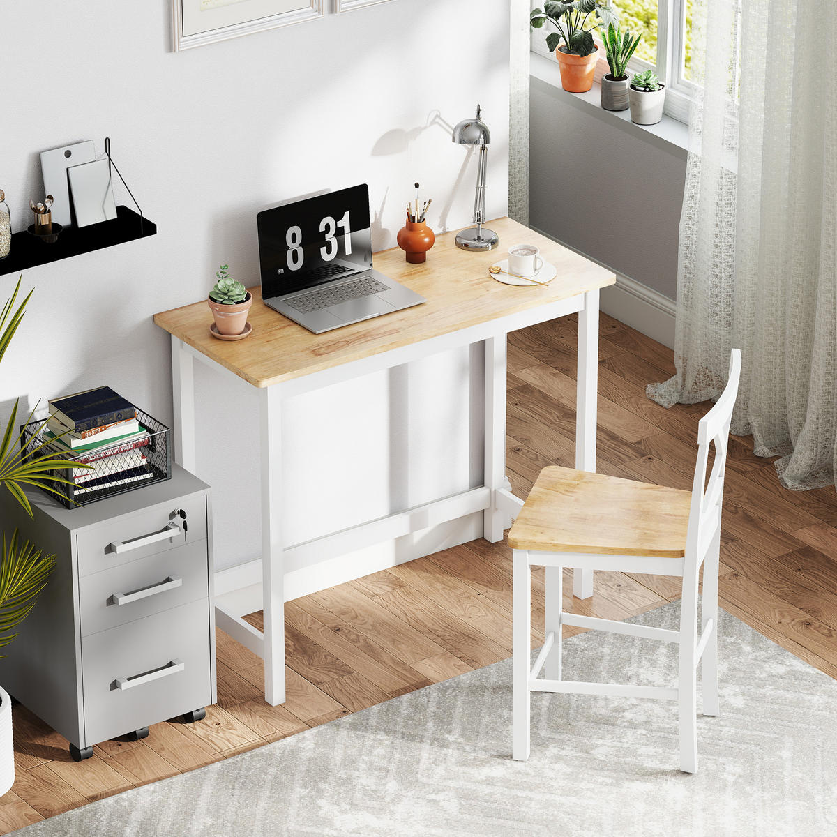 BARTISCH Stehtisch mit Holzoptik, Küchentisch aus Massivholz für Wohnzimmer - Eichefarben/Weiß, Holz (108/48/91cm) - HOMCOM