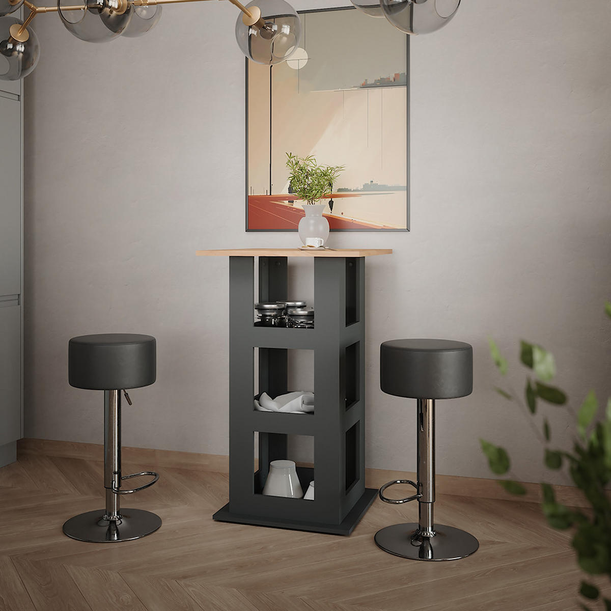 STOJACÍ BAROVÝ STŮL SE ŽIDLEMI Repose Zlatý dub power/antracit - medově dubová/černá, kompozitní dřevo (65/65/106cm) - Vicco