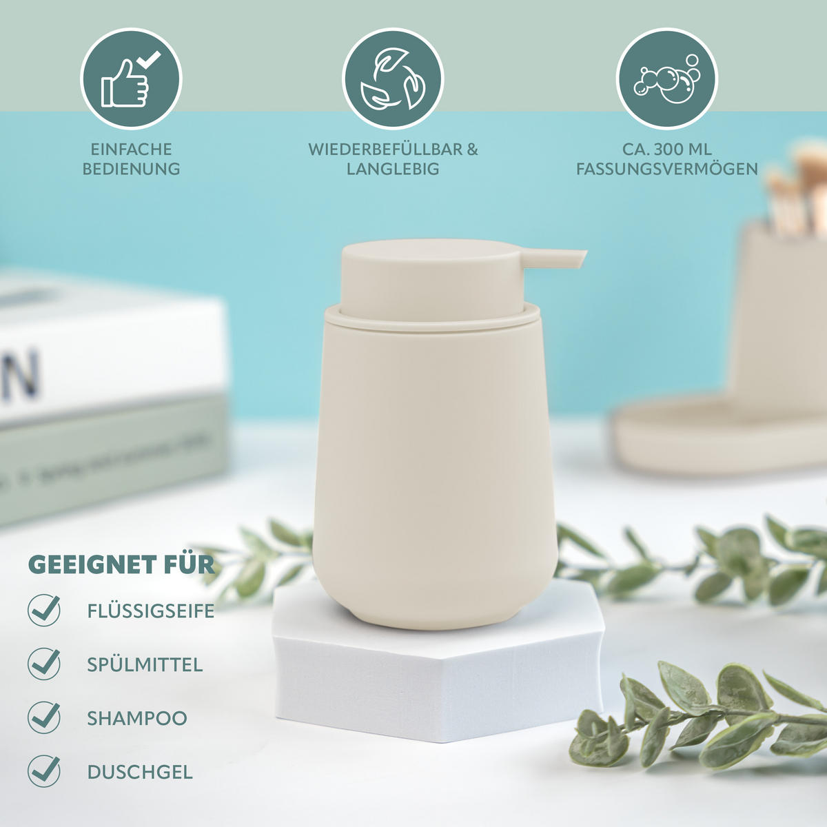 BAD-ACCESSOIRES-SET TESERO, Soft-Touch, beige - Beige, Kunststoff (18.5/13.5/10cm) - eluno