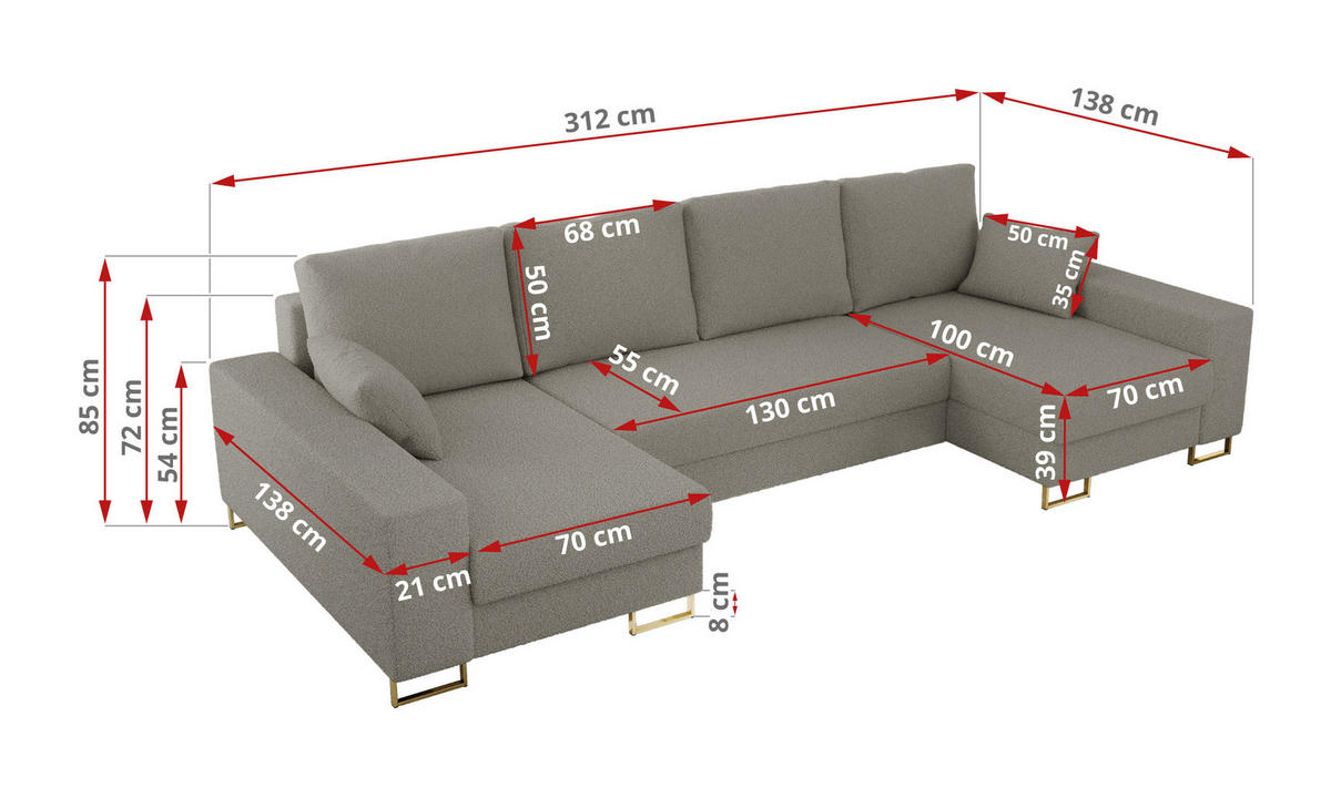 WOHNLANDSCHAFT DORIAN U Bouclé Hellgrau - Goldfarben/Hellgrau, Textil/Metall (312/85/138cm) - MKS