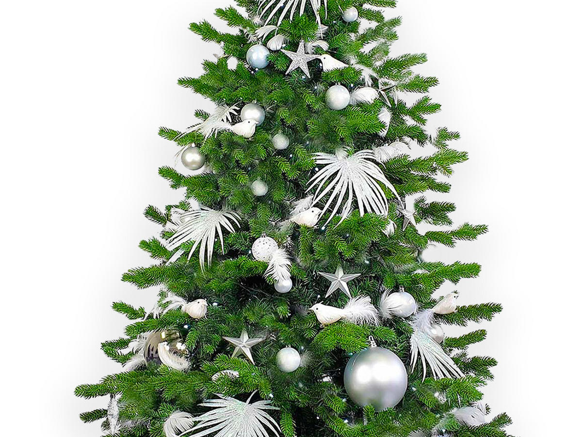 WEIHNACHTSBAUM künstlicher 300 cm – POLAR WEISS II, geschmückt mit 200-teiligem Weihnachtsbaumschmuck, inkl. Ständer - Silberfarben/Weiß, Kunststoff/Metall (180/300cm) - LAALU