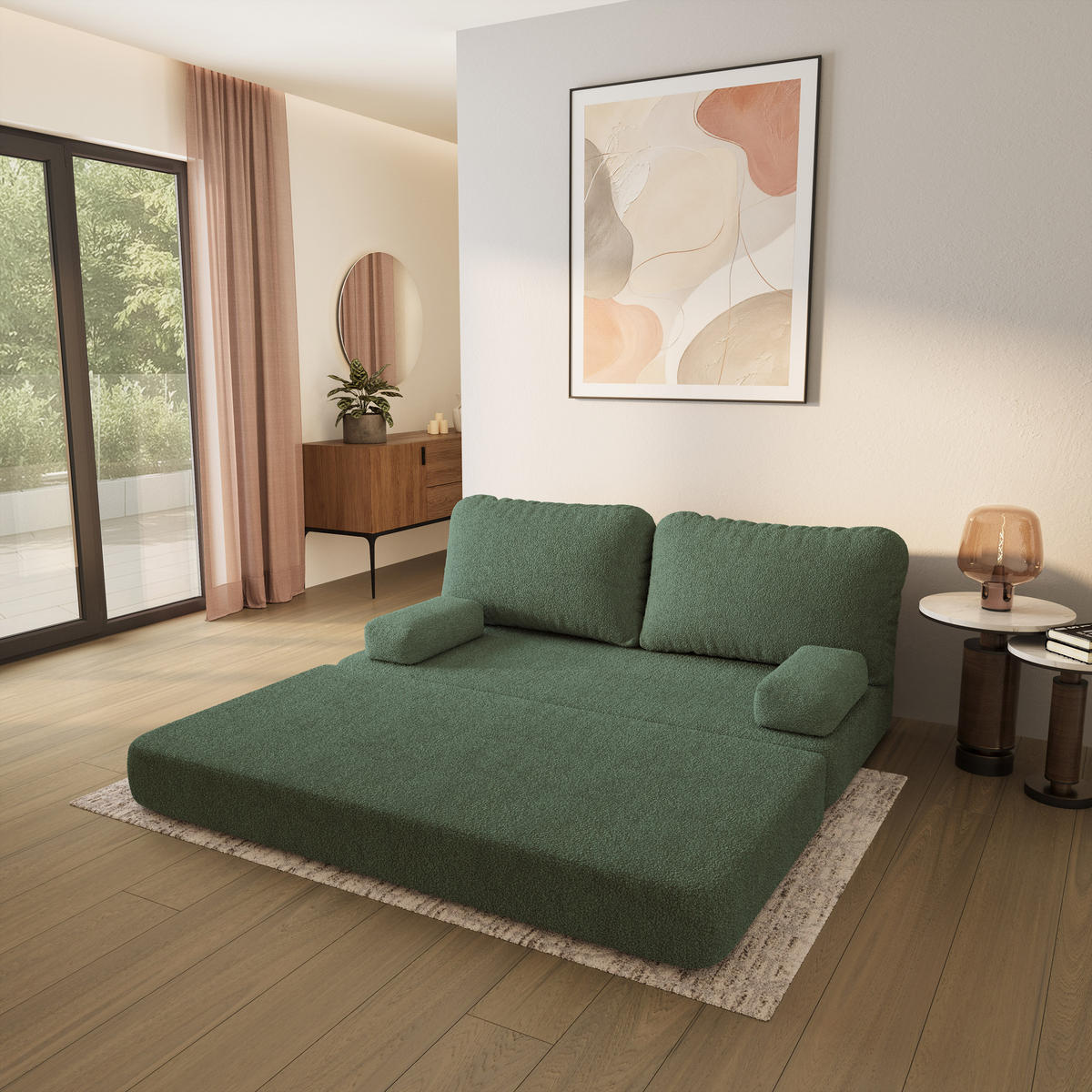 POHOVKA z pěny NIKSI s funkcí spaní Buklé látka Zelená - zelená barva, textil (170/86/80cm) - MASSENO
