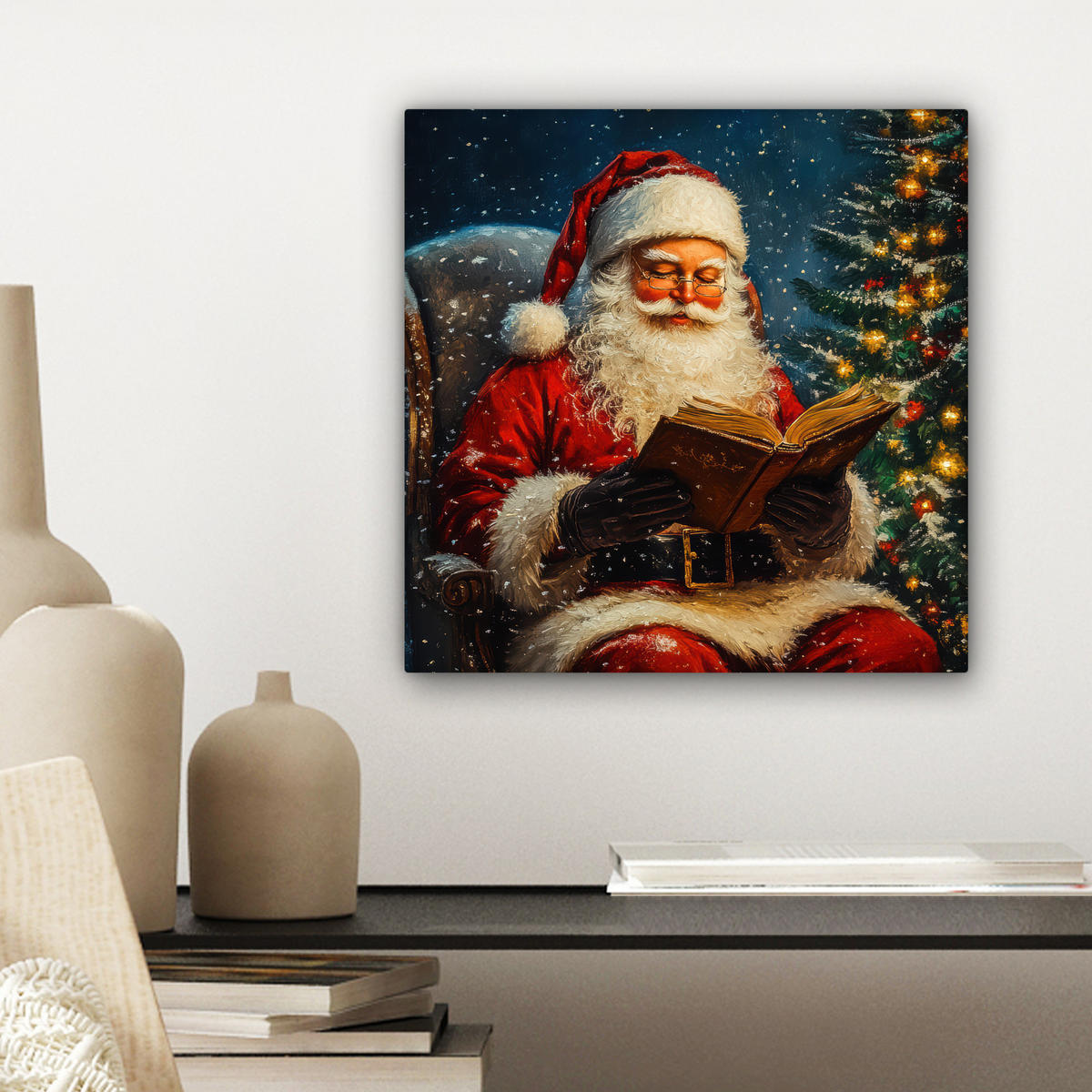 LEINWANDBILD Weihnachtsmann - Weihnachten - Winter - Weihnachtsbaum Deko Wohnzimmer 20x20 cm - Bordeaux, Textil (20/20cm) - MuchoWow