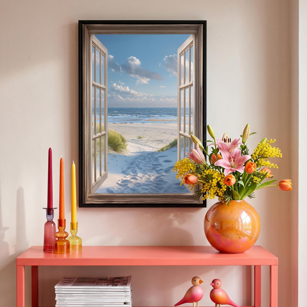 LEINWAND Bilder mit Rahmen - Aussicht - Strand - Fenster - Dünen - Meer - 40x60 - Hellblau, Textil (40/60cm) - MuchoWow