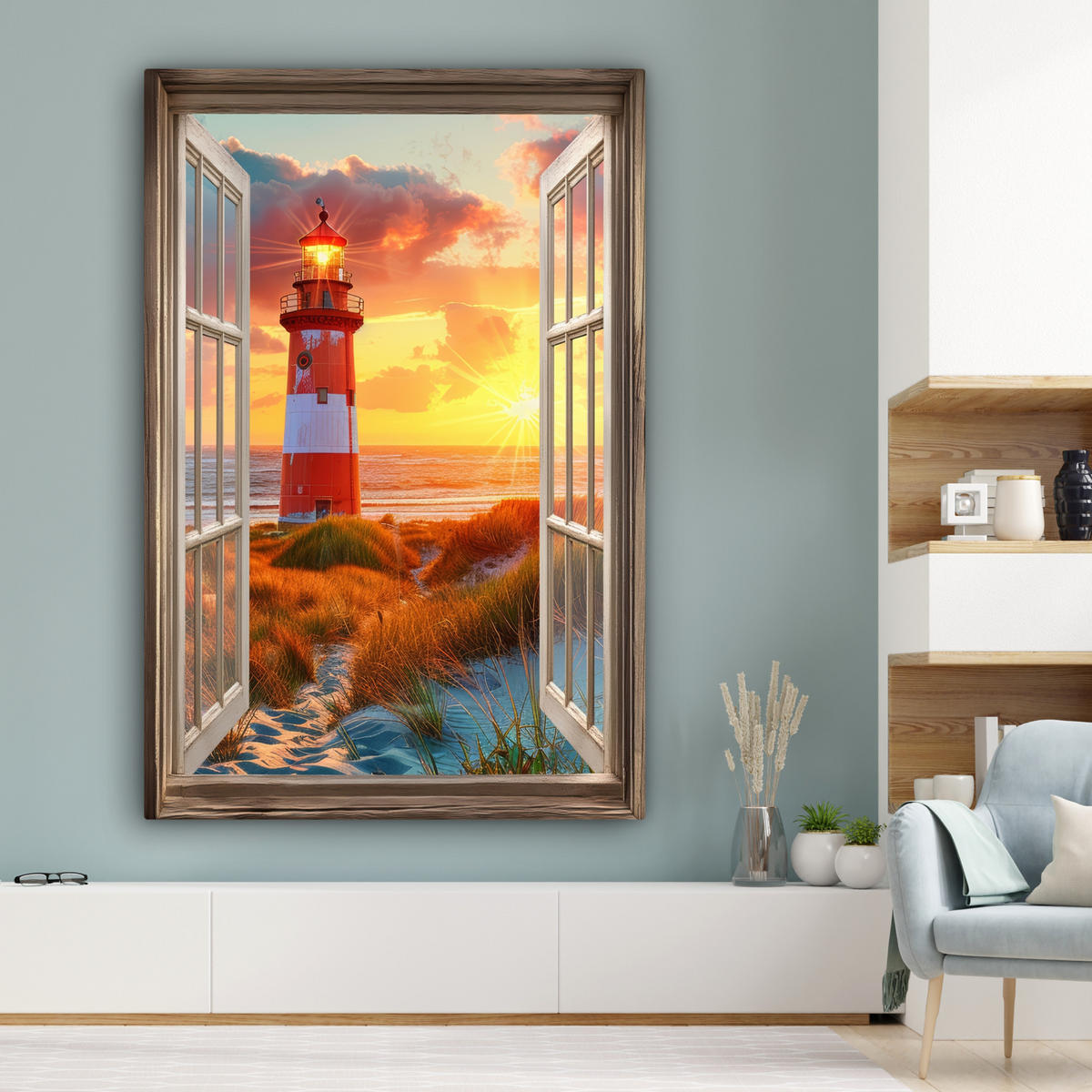 LEINWANDBILD Aussicht - Fenster - Leuchtturm - Sonnenuntergang - Strand 90x140 cm - Dunkelorange, Textil (90/140cm) - MuchoWow