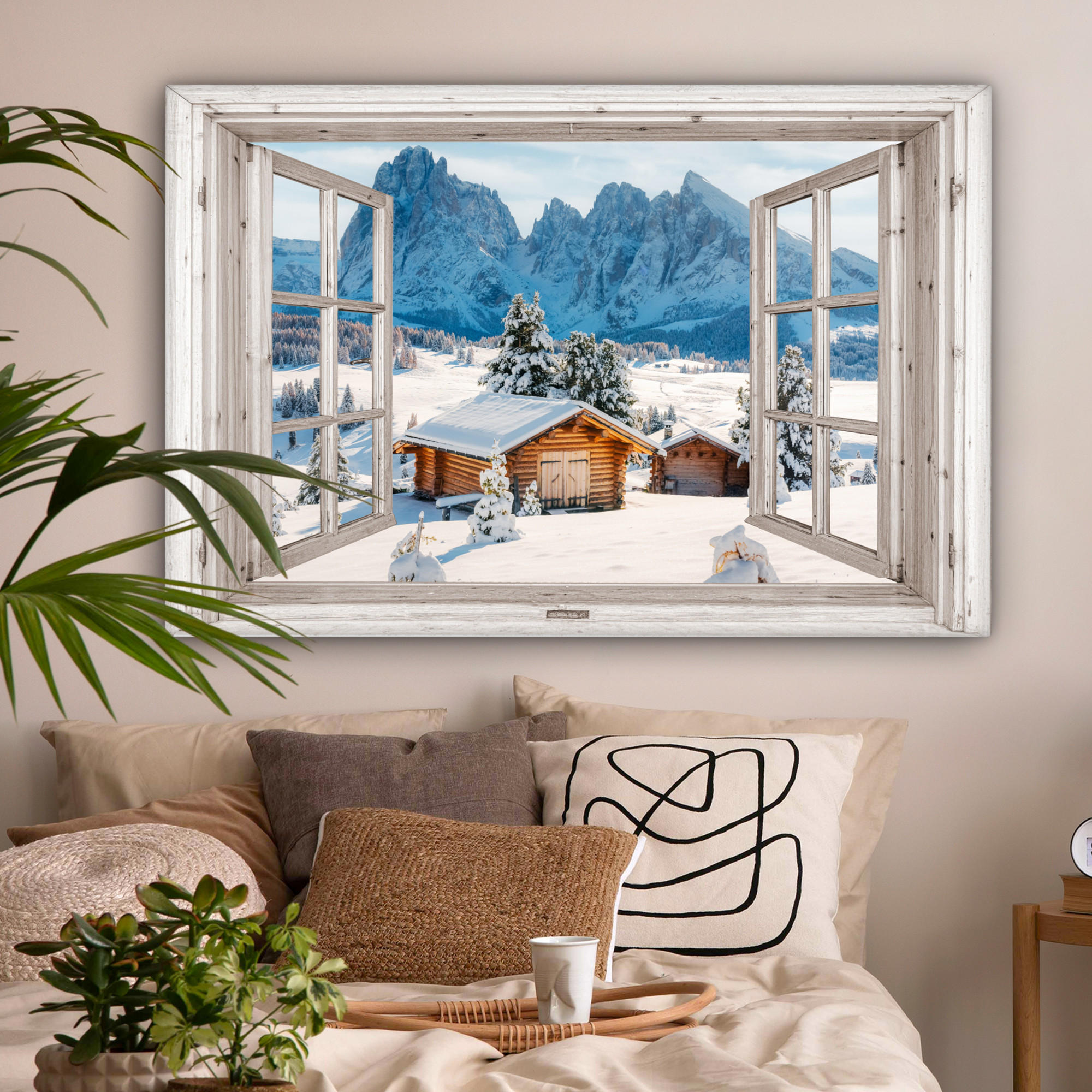 LEINWANDBILD Winterlandschaft - Hütte - Berge - Ausblicke - Aussicht - Natur XXL 150x100 cm - Weiß Hochglanz, Textil (150/100cm) - MuchoWow