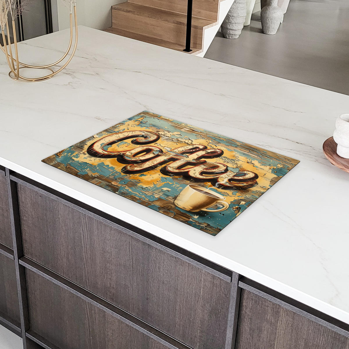 HERDABDECKPLATTE Kaffee - Vintage - Braun - Tasse Herdabdeckung Induktionsfeld 75x52 cm - Teakfarben, Kunststoff (75/52/0.2cm) - MuchoWow