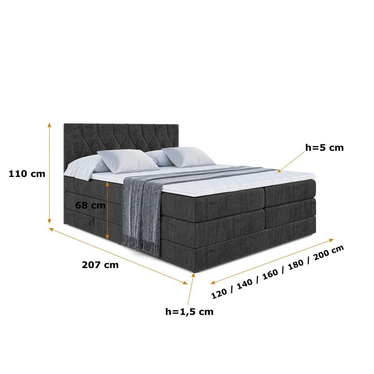 BOXSPRINGBETT VELANTO-BZ KING - 140 x 200 - H3/H4 - Schwarz - Schwarz, Holzwerkstoff (140/200cm) - ALTDECOR