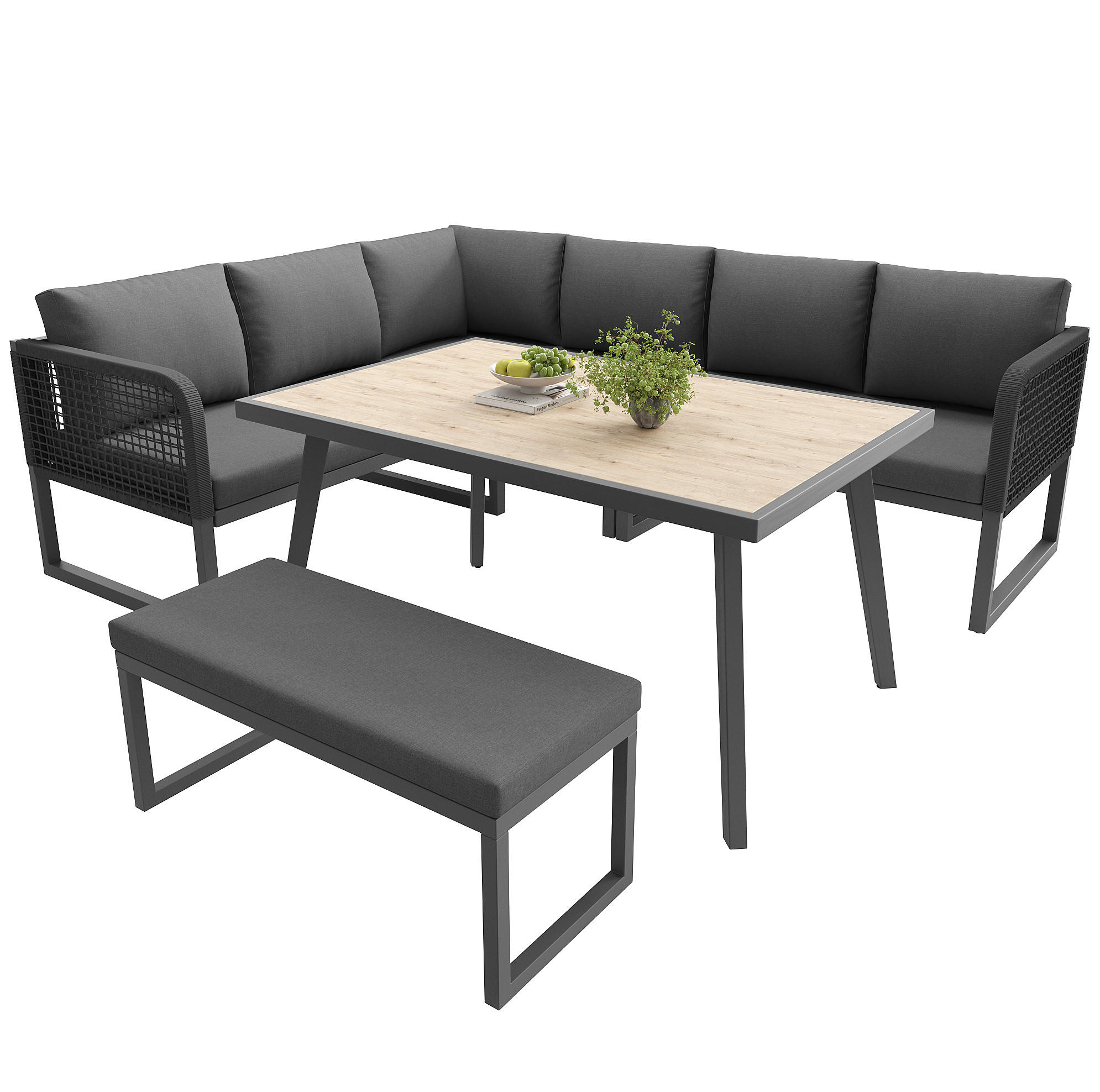 GARTENSETS aus Rattan & Eisen 121,5x61x77 cm Grau mit modularen Elementen - Grau, Metall - Modfu