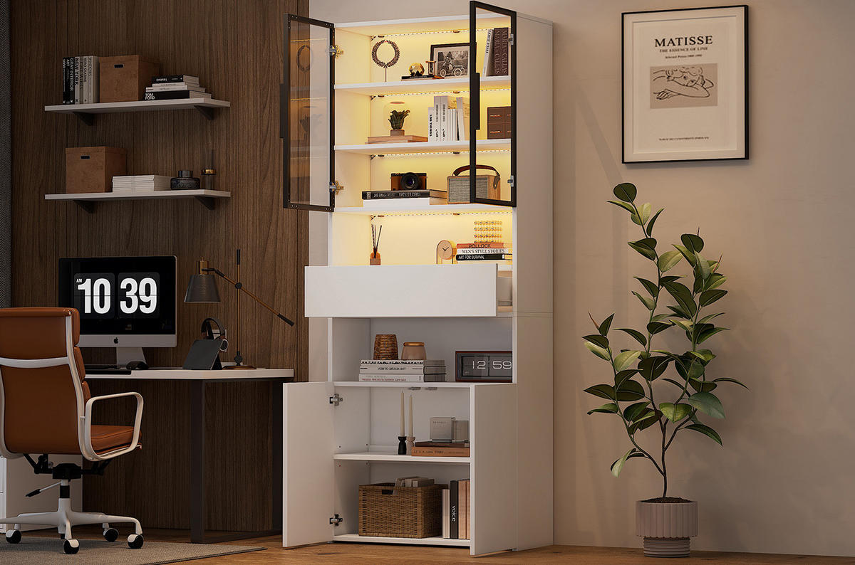 VITRINE aus Spanplatte 70x30x200 cm Weiß mit Glastüren, Schublade und App-gesteuerter LED-Beleuchtung - Weiß, Holzwerkstoff (70/200/30cm) - IVMEU