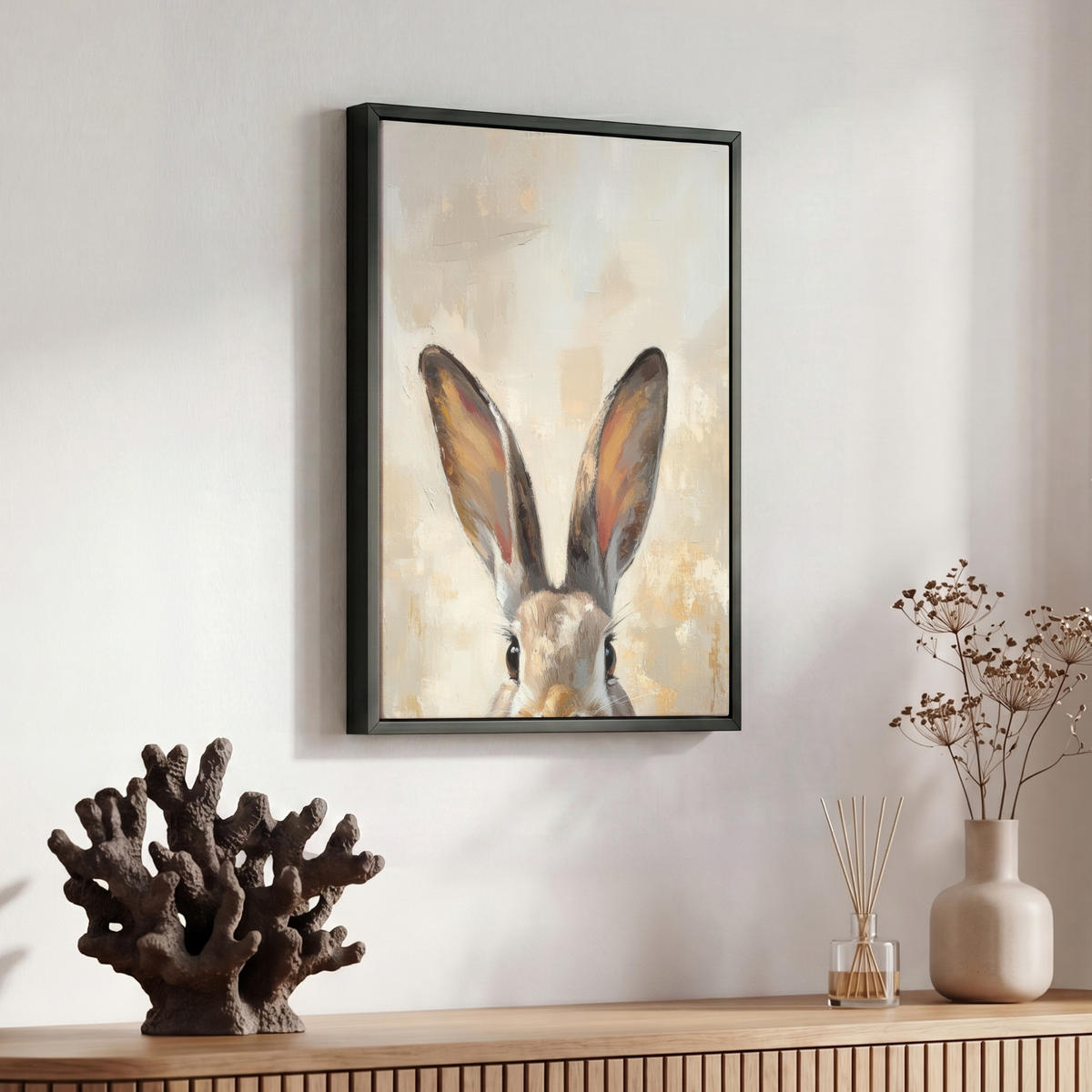 LEINWAND Bilder mit Rahmen - Hase - Ohren - Braun - 30x40 - Beige, Textil (30/40cm) - MuchoWow