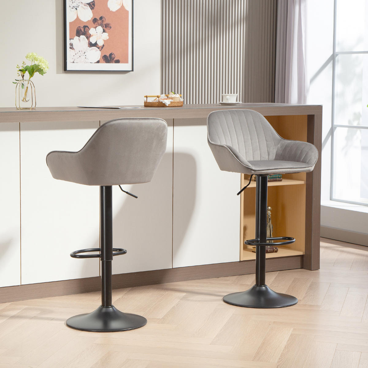 BARHOCKER 2er-Set DE-14770 höhenverstellbar & schwenkbar mit Veloursbezug Grau - Grau, Metall (50/107/50.5cm) - ComfortXL