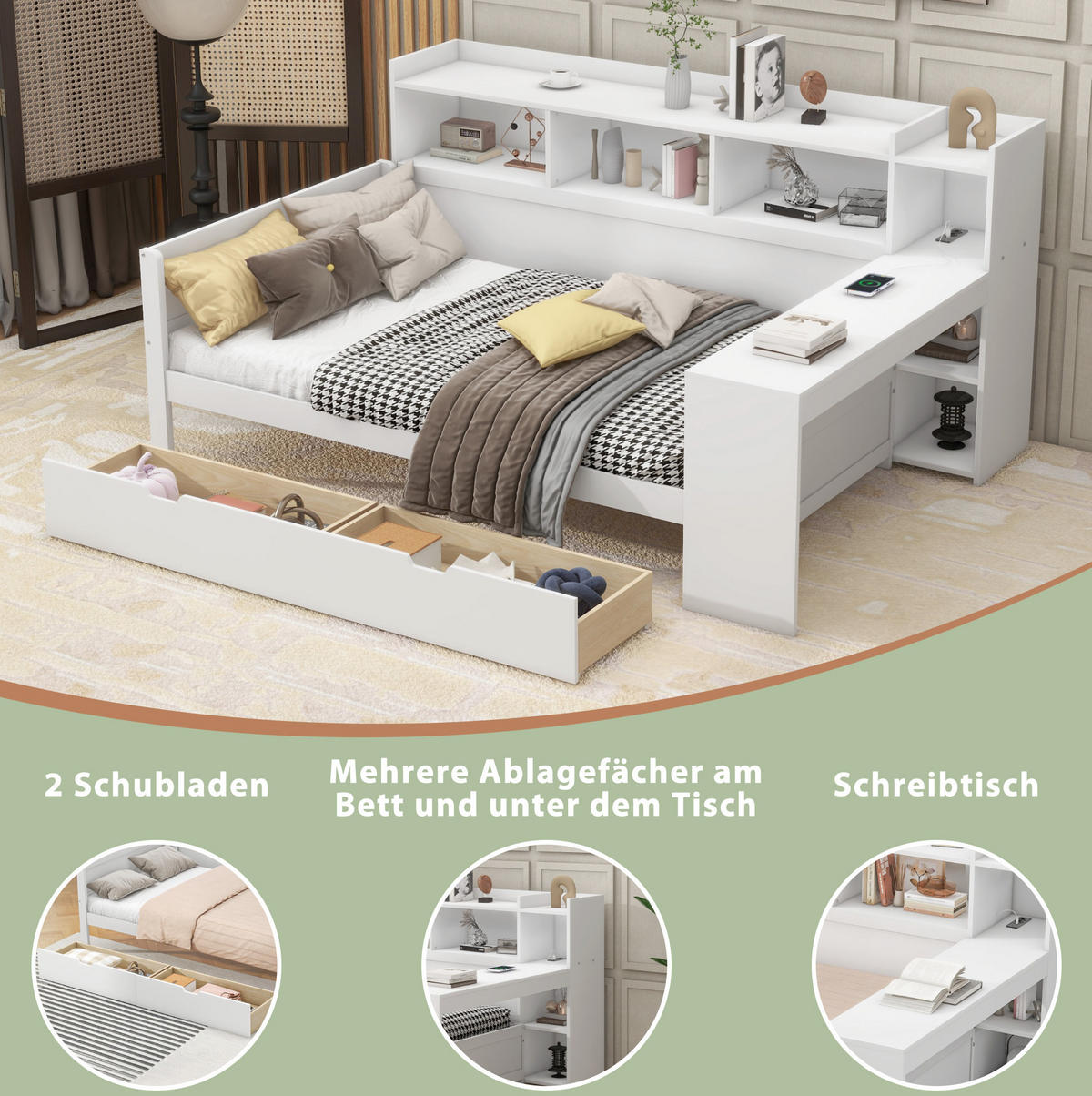 BETT 90/200 cm Weiß aus Spanplatte und MDF mit Schreibtisch, USB-Anschluss und 2 Schubladen - Weiß, Holzwerkstoff (90/200cm) - OKMYHOME