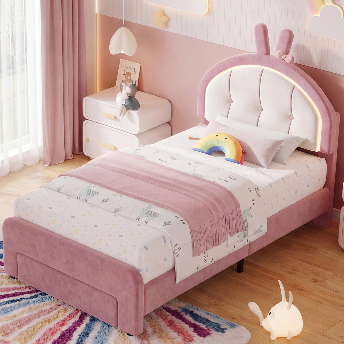 KINDERBETT 90 x 200 cm mit LED Hasenohren Kopfteil,Polsterbett mit Lattenrost, Samtstoff, Mit Schubladen,für Kinder, Mädchen - Pink, Holz/Holzwerkstoff (90/200cm) - BursDany