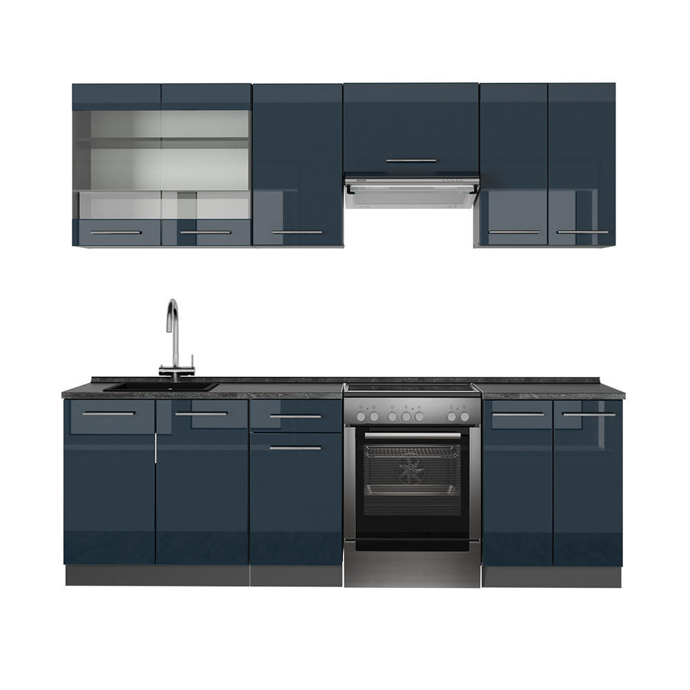 KÜCHENZEILE Fame-Line Dunkelblau Hochglanz/Anthrazit 240 cm ohne AP - Anthrazit/Dunkelblau, Holzwerkstoff (240/81.6/46cm) - Vicco