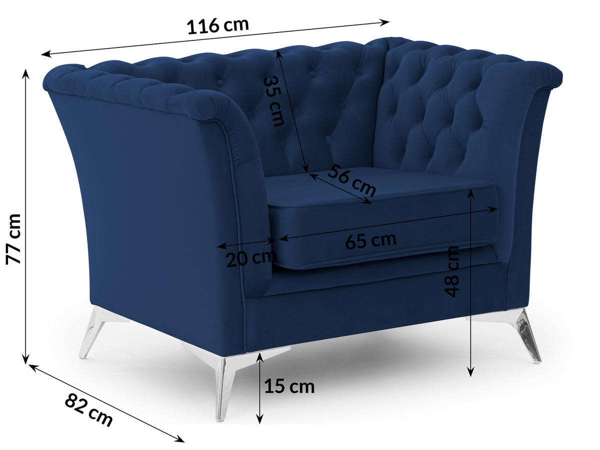 CHESTERFIELD-SESSEL Whitby Marineblau Samt mit silbernen Füßen - Silberfarben/Dunkelblau, Holz/Textil (116/78/82cm) - S-Style Möbel