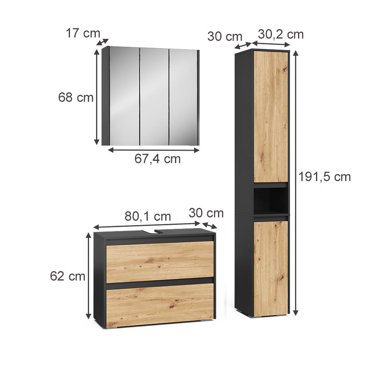 BADMÖBEL-SET Majest Anthrazit/Artisan 3 Teile - Anthrazit/Hellgrau, Holzwerkstoff (80.1/62/30.1cm) - Vicco