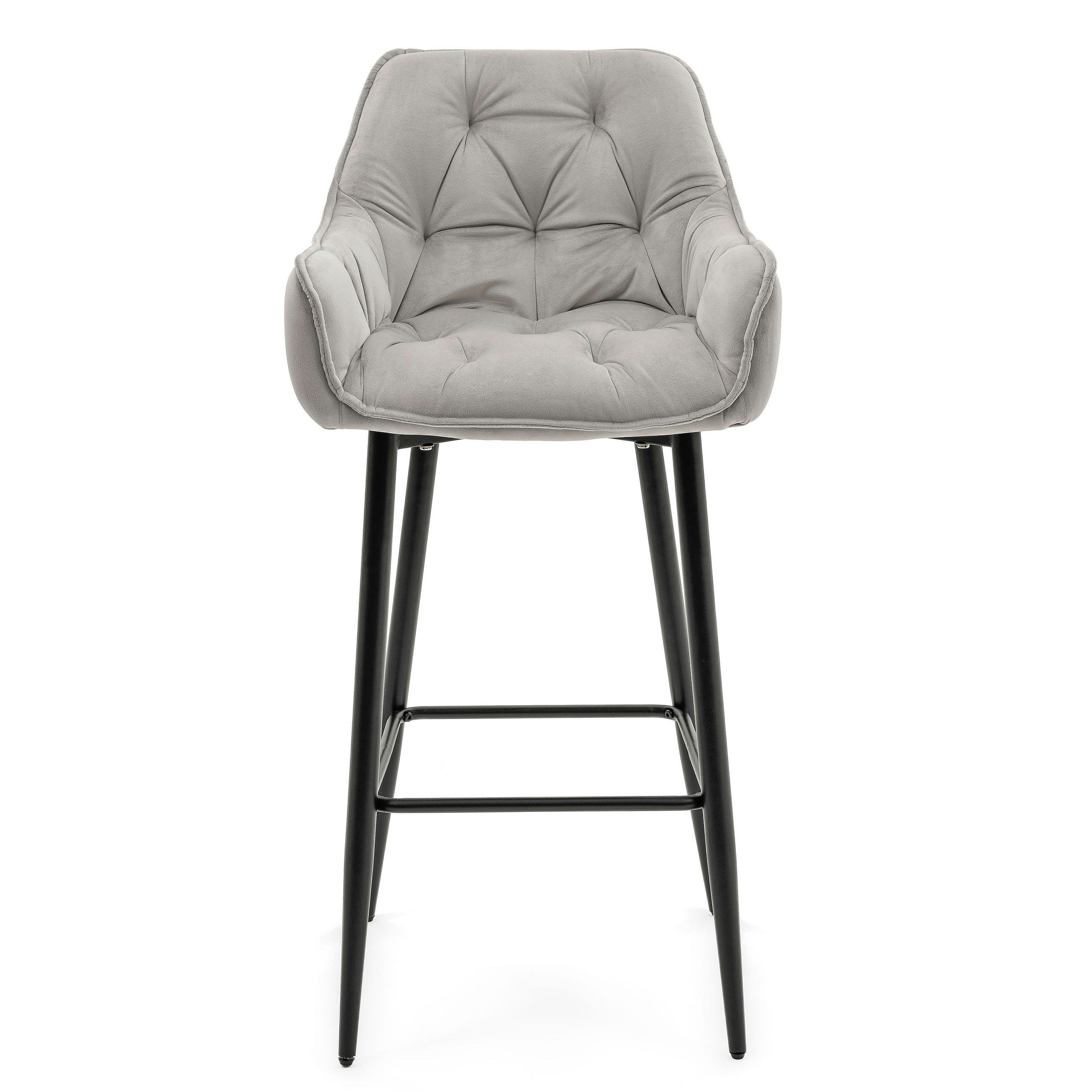 BARHOCKER SIENA gepolstert mit Steppung - hellgrau - Samt Velours - Hellgrau/Schwarz, Metall (53/107/52cm) - NEW HOME