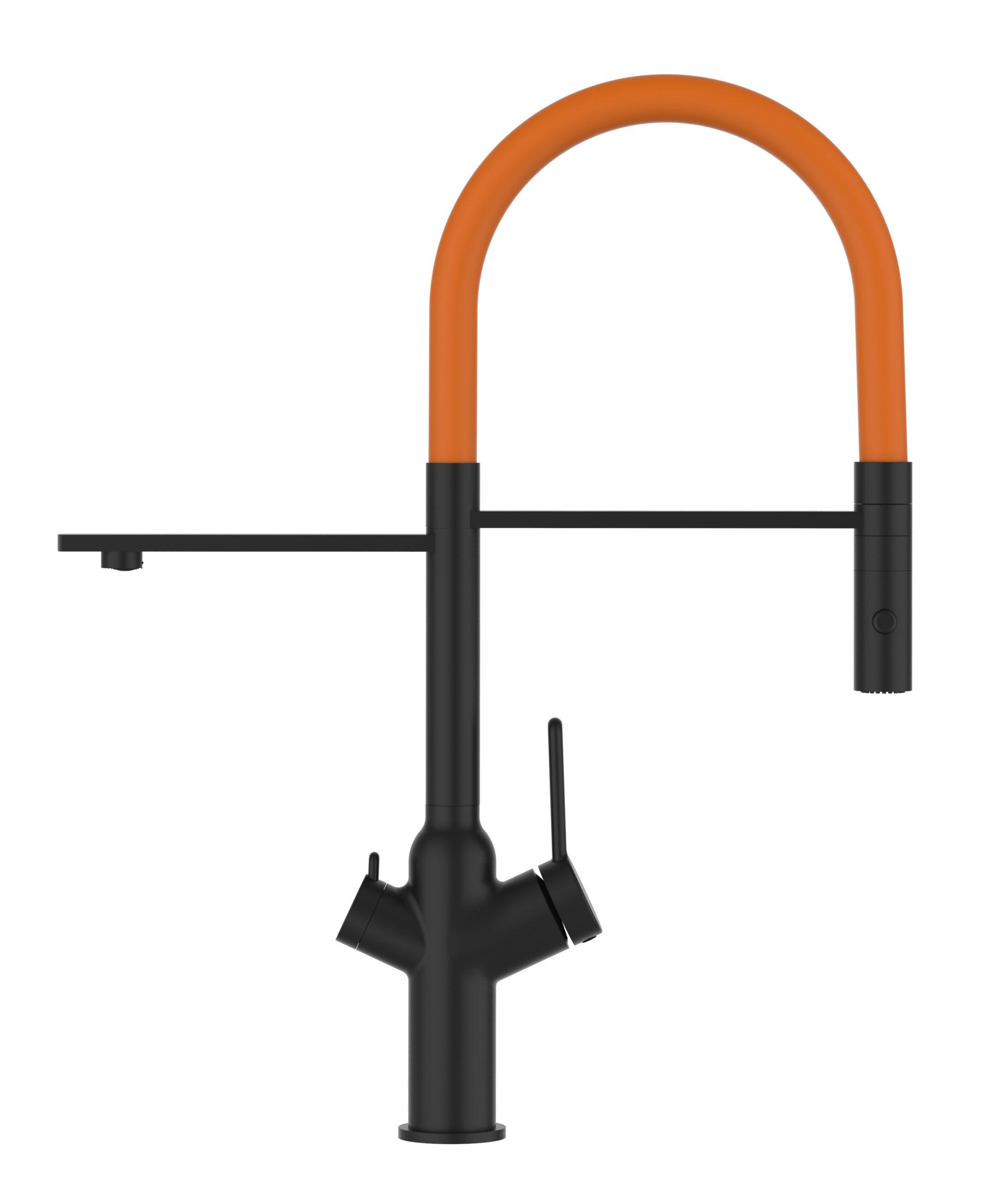 3-WEGE-KÜCHENARMATUR, Schwarz Matt und Orange, 2-Strahl-Brause - Schwarz/Orange, Metall (20.61/48/20.61cm) - VIZIO