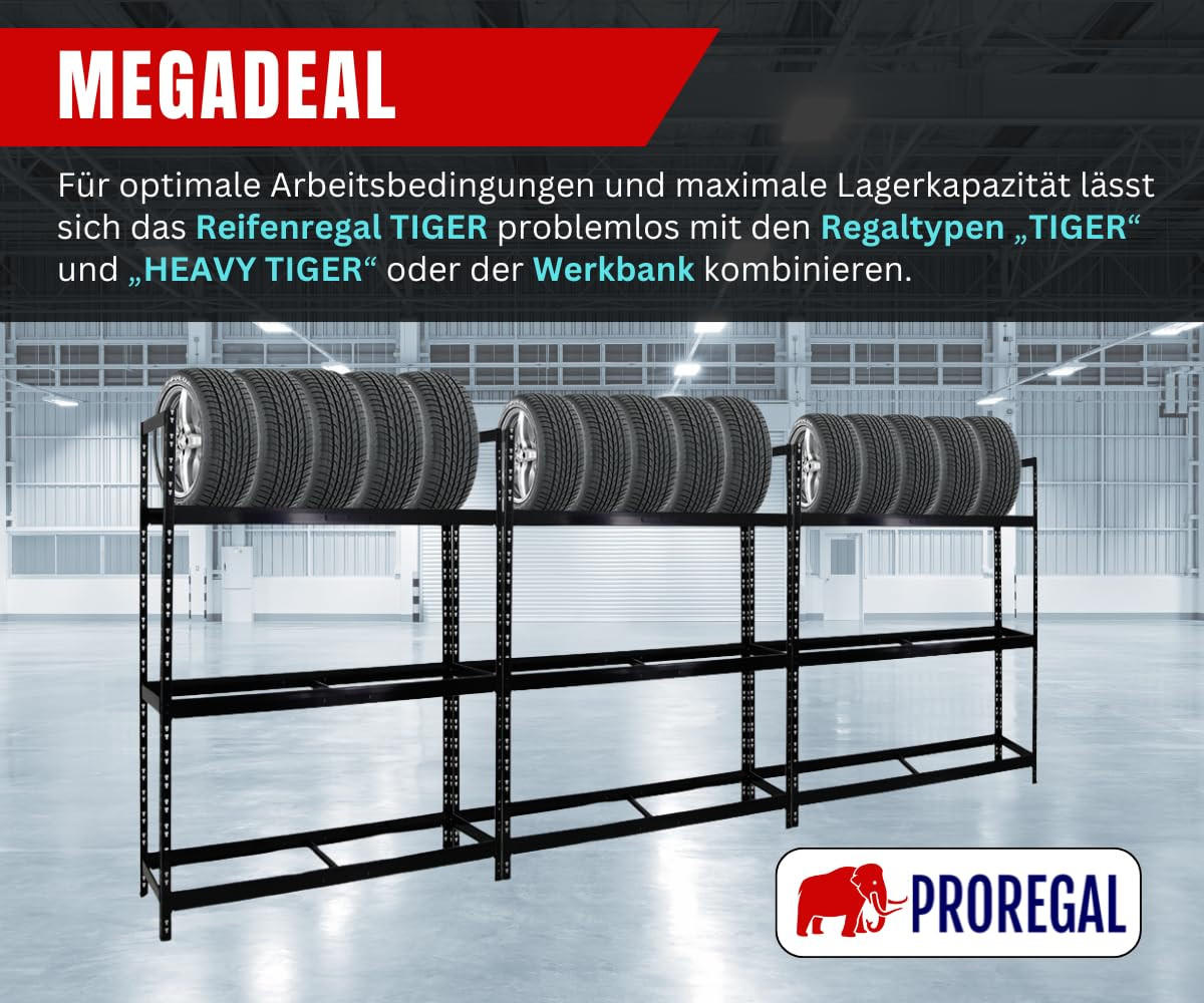 REIFENREGAL Tiger XL 200x150x45 cm 300 kg Fachlast bis zu 18 Reifen auf 3 Ebenen Schwarz - Schwarz, Metall (150/200/45cm) - PROREGAL