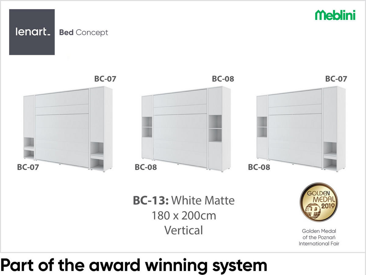 SCHRANKBETT BC-13 - 180x200cm Vertikal - Weiß Mat - Weiß, Holzwerkstoff (180/200cm) - Meblini