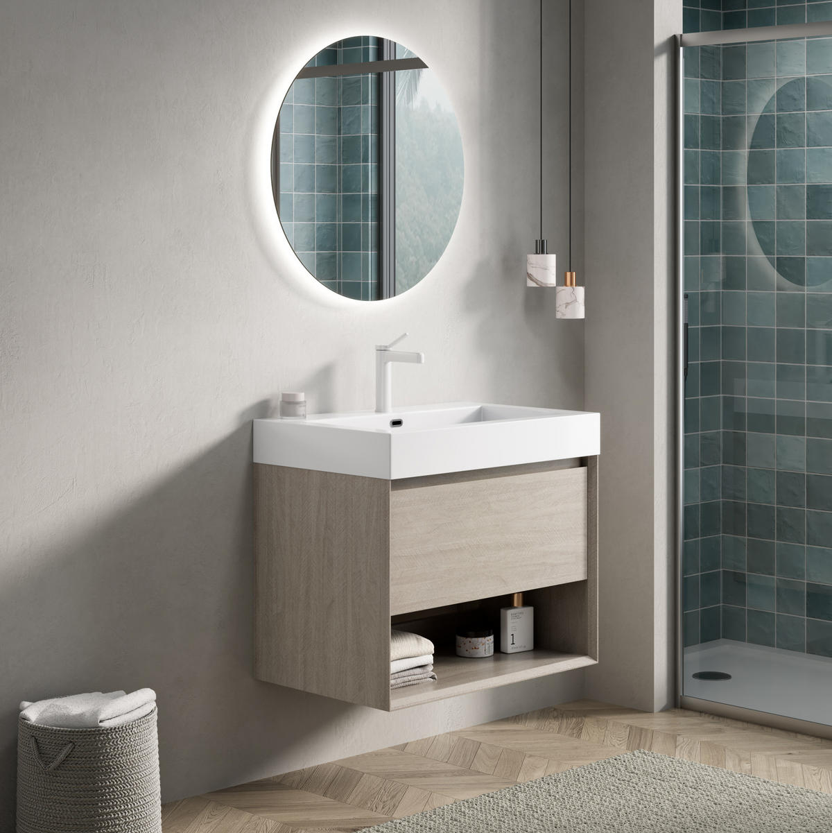 WASCHTISCHKOMBI 70 cm in Eiche mit Mineralwerkstoffbecken und Soft-Close-Schublade - Eichefarben, Kunststoff (70/60/46cm) - BEAOK