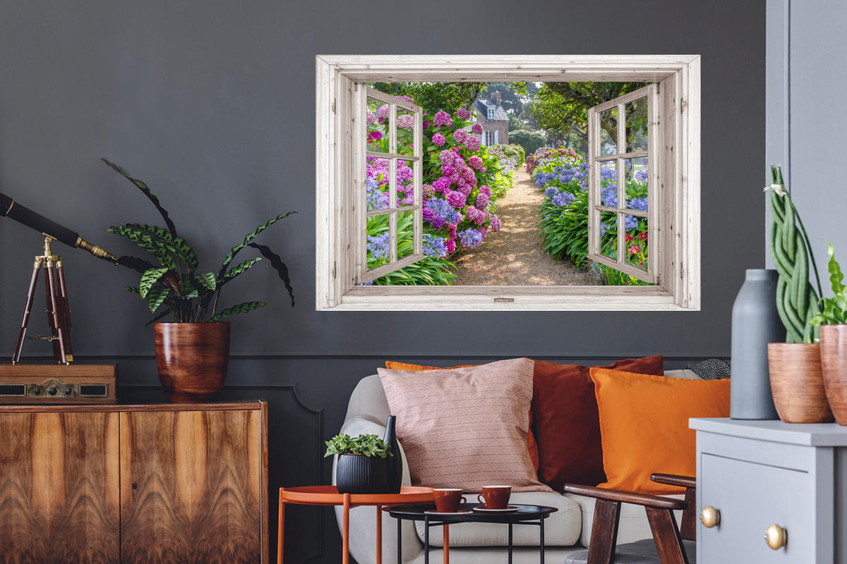 WANDTATTOO Hortensie - Fensterblick - Blumen - Sommer - Lila - Weg 120x80 cm - Lila, Kunststoff (120/80/0.1cm) - MuchoWow