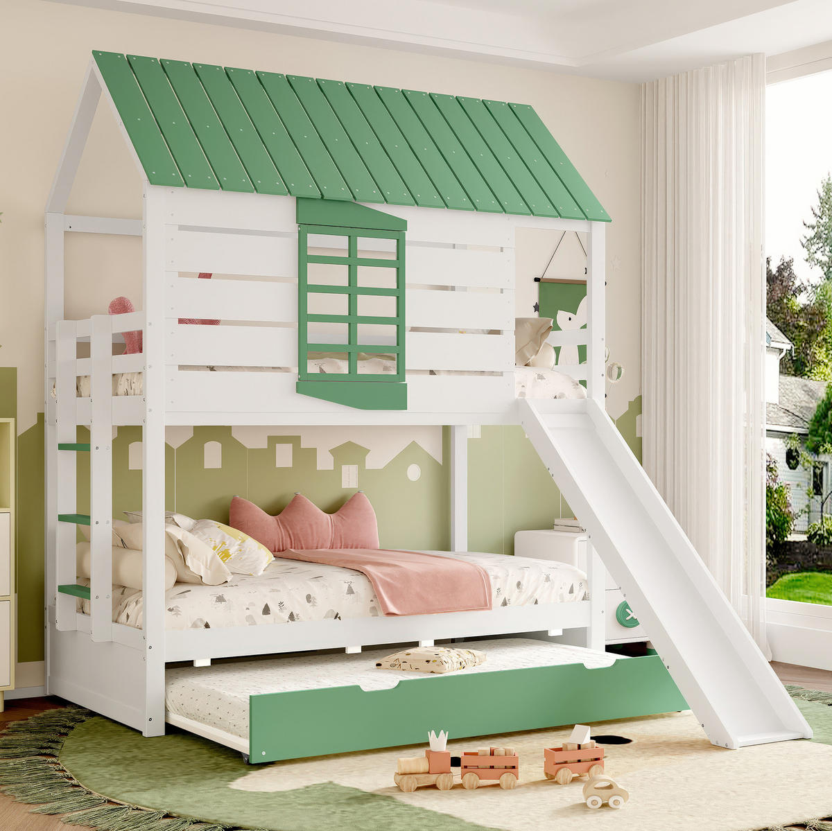 POSCHODOVÁ posteľ 90/200 cm biela/zelená s prístelkou a šmykľavkou z MDF a borovice - biela/zelená, kompozitné drevo (90/200cm) - OKWISH
