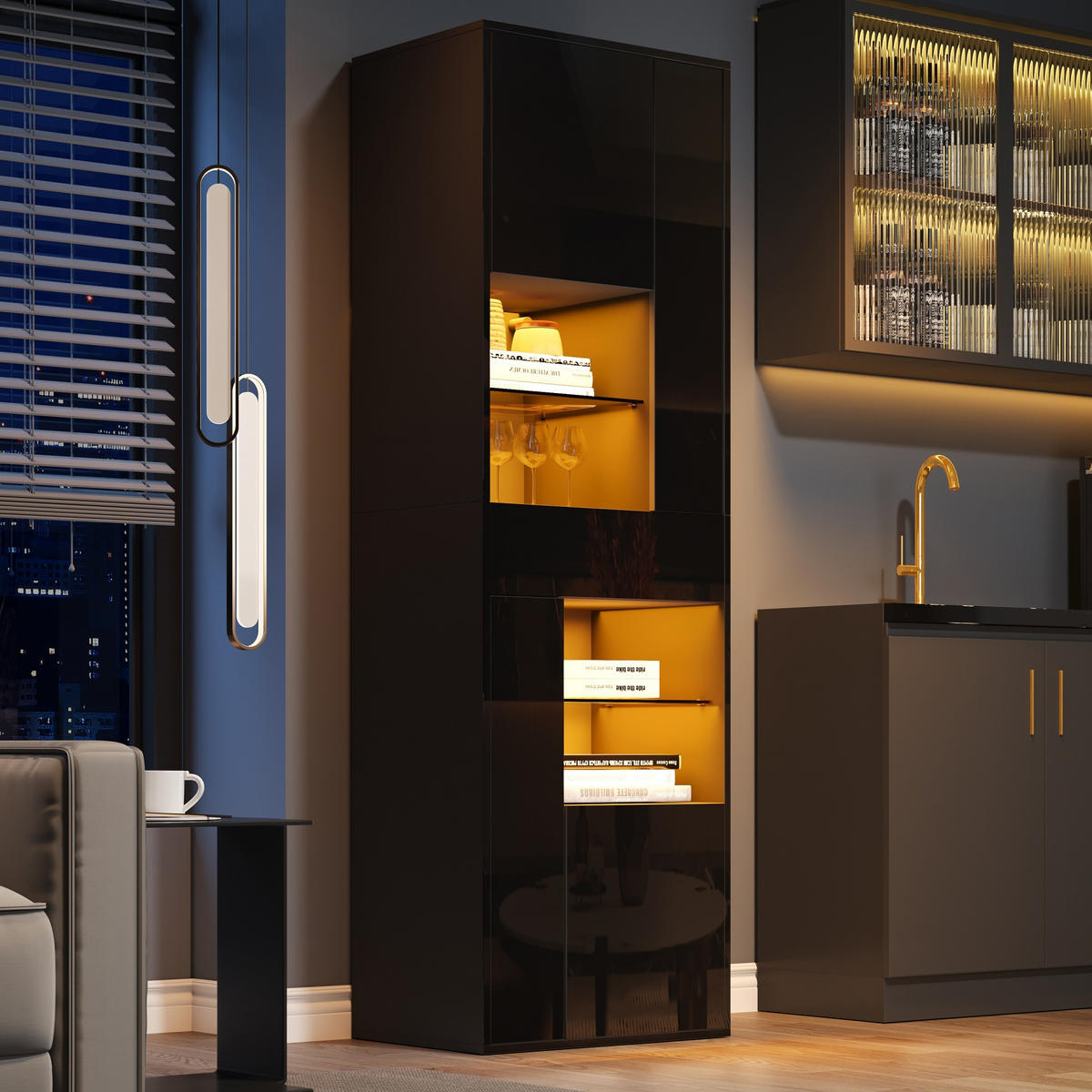 VITRINE LED Hochglanz Glas 1 Schublade 4 Türen Schwarz - Schwarz, Holzwerkstoff (55/170/38cm) - FLIEKS